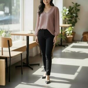 LIV Los Angeles Anthroplogie Pink Swiss Dot V-Neck Blouse Large